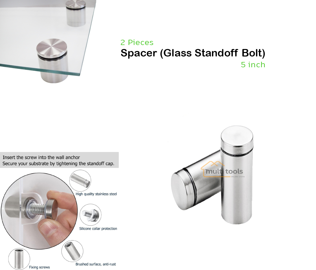 2 Pecs Spacer 5-Inch (Glass Standoff Bolt) 